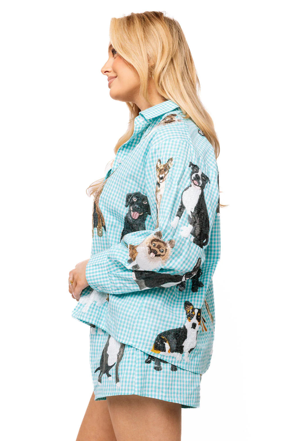 Queen of Sparkles Aqua Gingham Queen of Dogs Button Up Long Sleeve Top