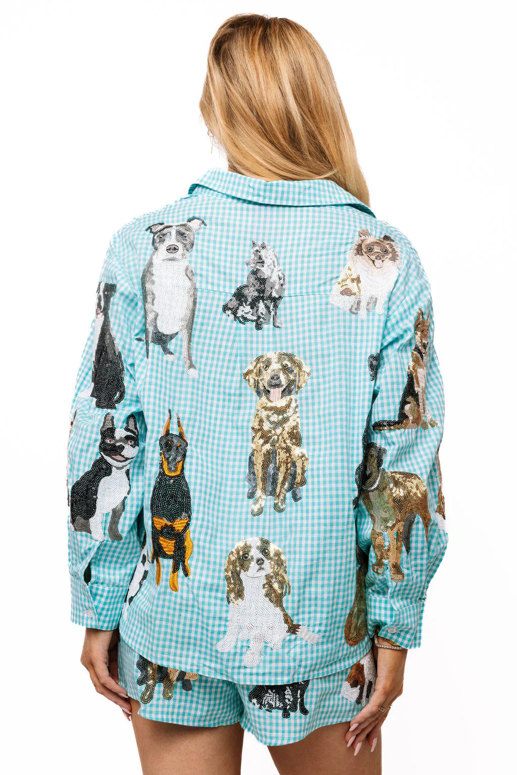 Queen of Sparkles Aqua Gingham Queen of Dogs Button Up Long Sleeve Top