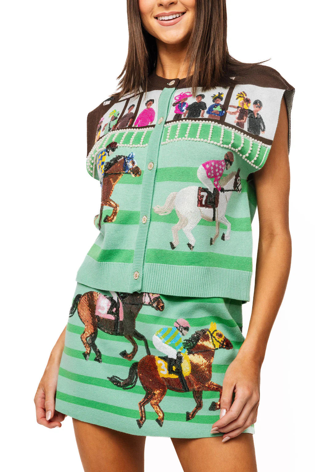 Queen of Sparkles Multi Derby Race Scene Knit Button Up Vest