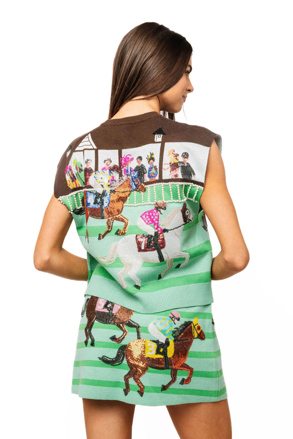 Queen of Sparkles Multi Derby Race Scene Knit Button Up Vest