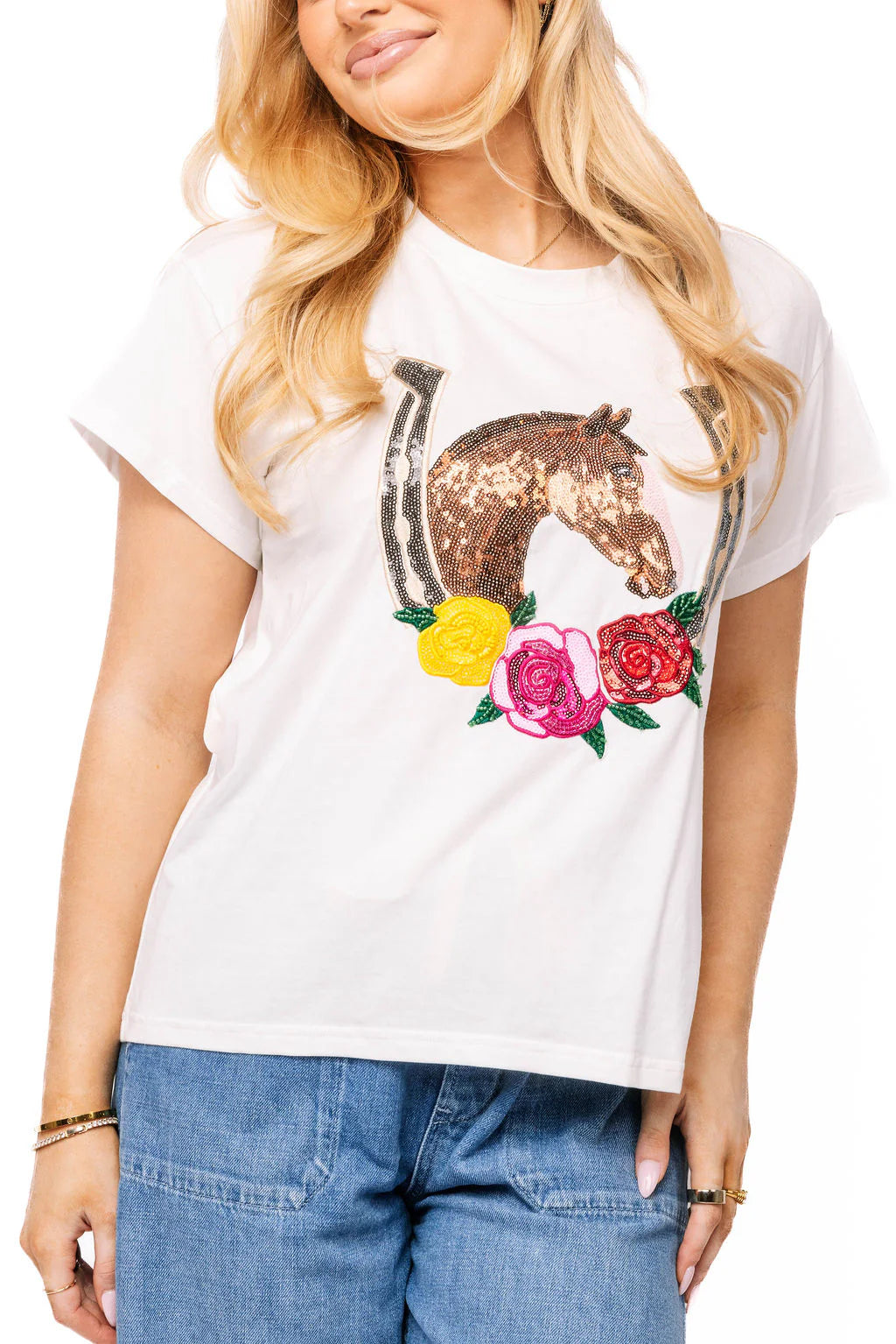 Queen of Sparkles White Horse & Rose Horse Shoe Tee