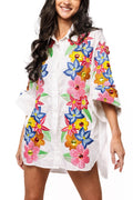 Queen of Sparkles White Multi Flower Button Up Collar Cotton Dress