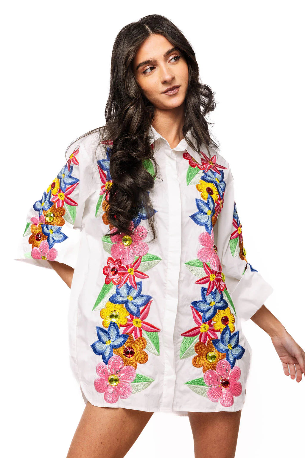 Queen of Sparkles White Multi Flower Button Up Collar Cotton Dress