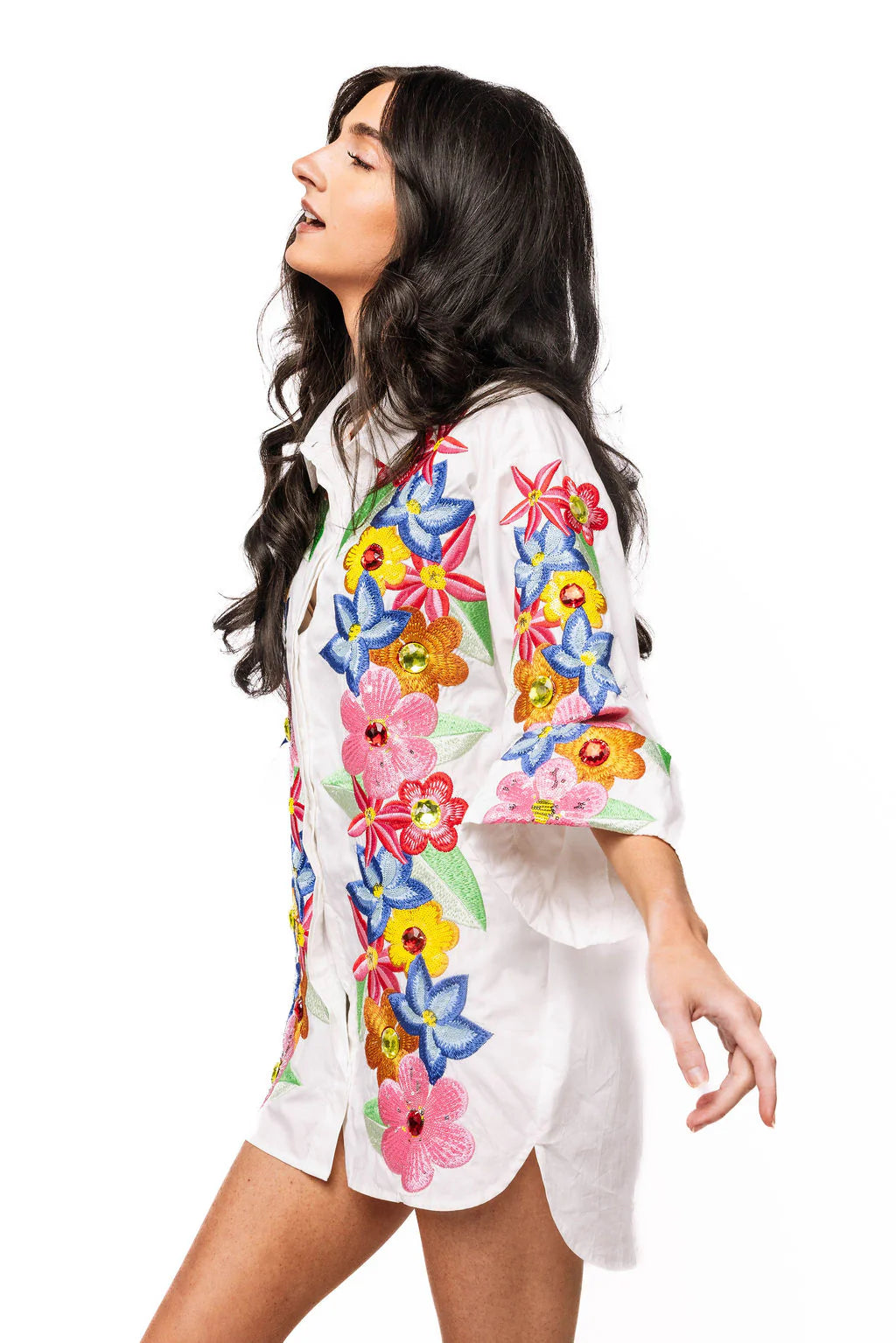 Queen of Sparkles White Multi Flower Button Up Collar Cotton Dress