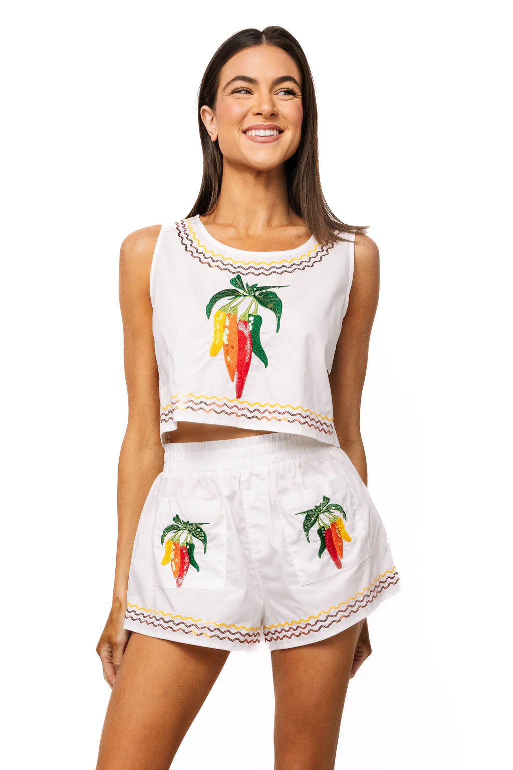 Queen of Sparkles White Cotton Embroidered Chili Pepper Pocket Cotton Short
