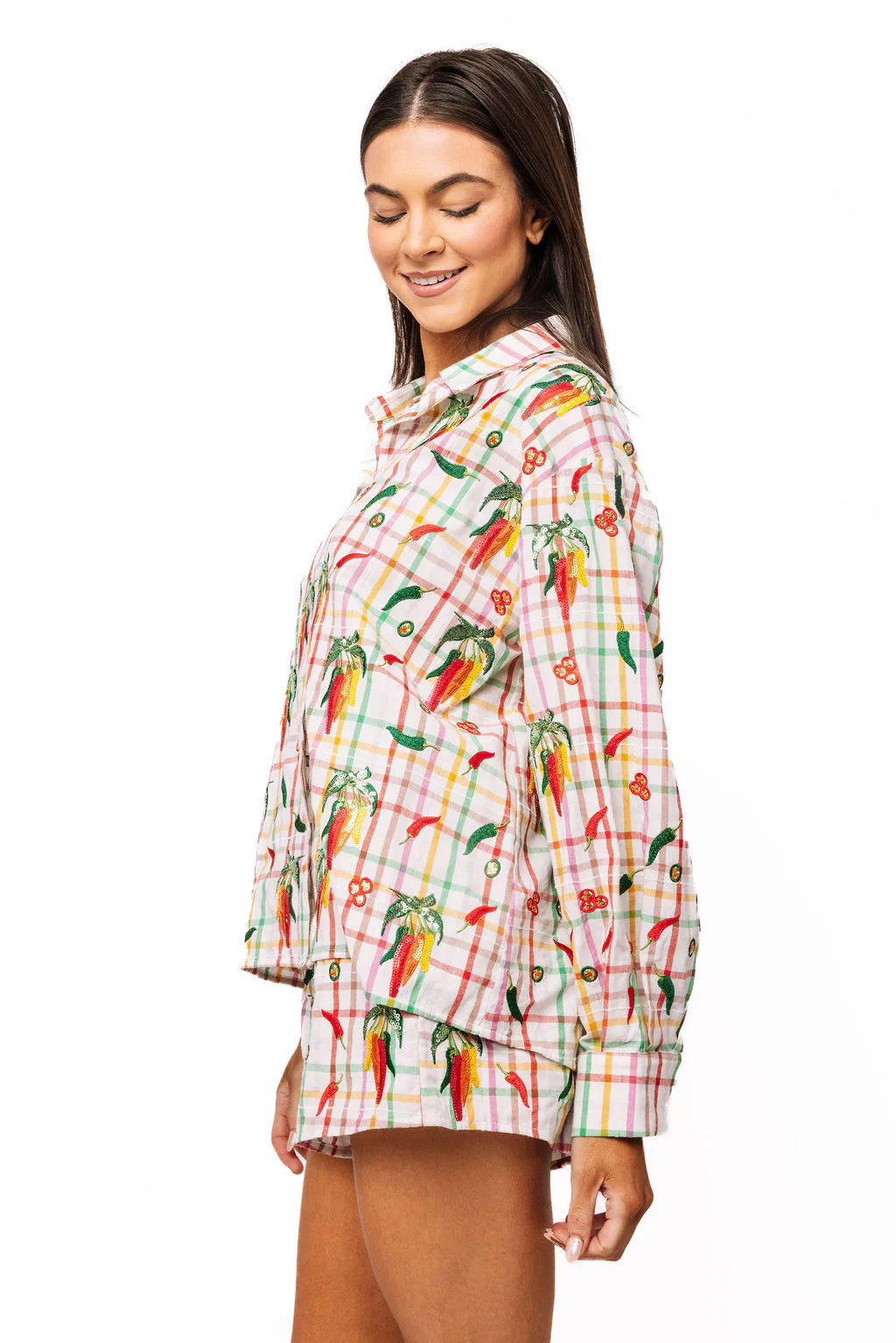 Queen of Sparkles Rainbow Plaid Chili Pepper Button Up Cotton Top