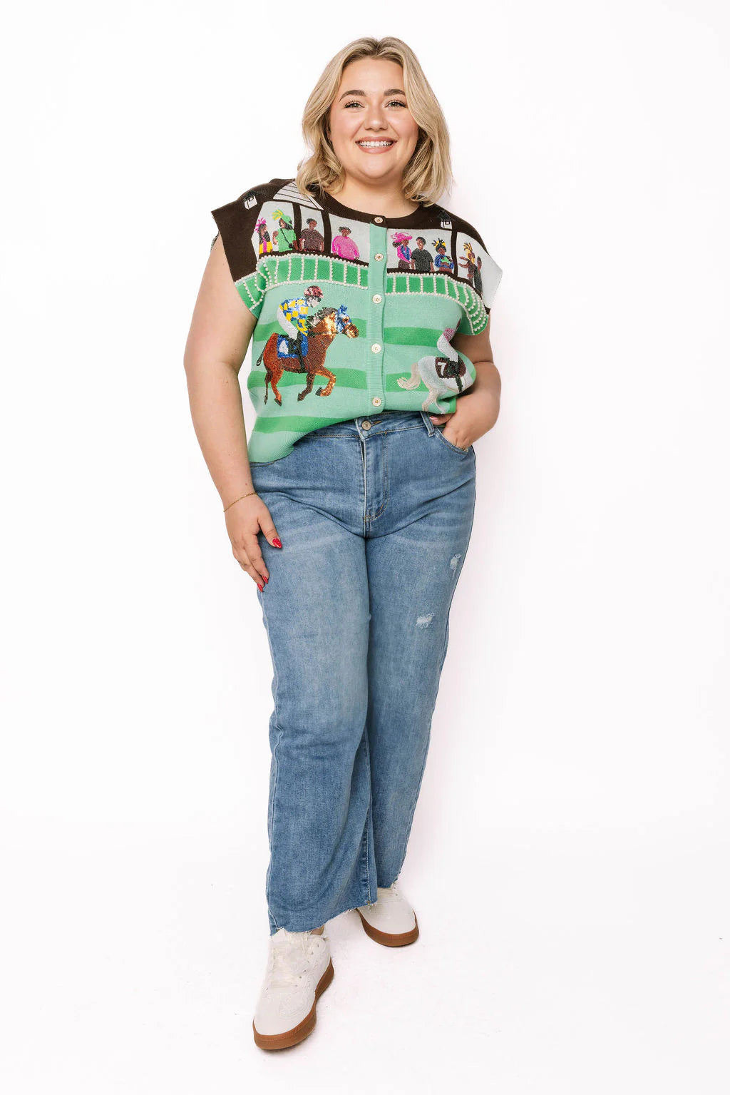 Queen of Sparkles Multi Derby Race Scene Knit Button Up Vest