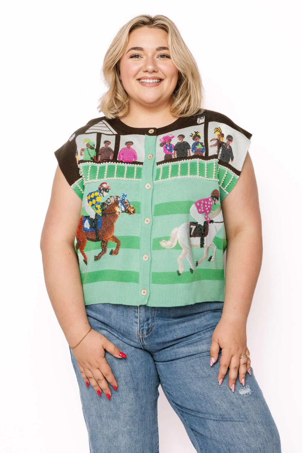 Queen of Sparkles Multi Derby Race Scene Knit Button Up Vest