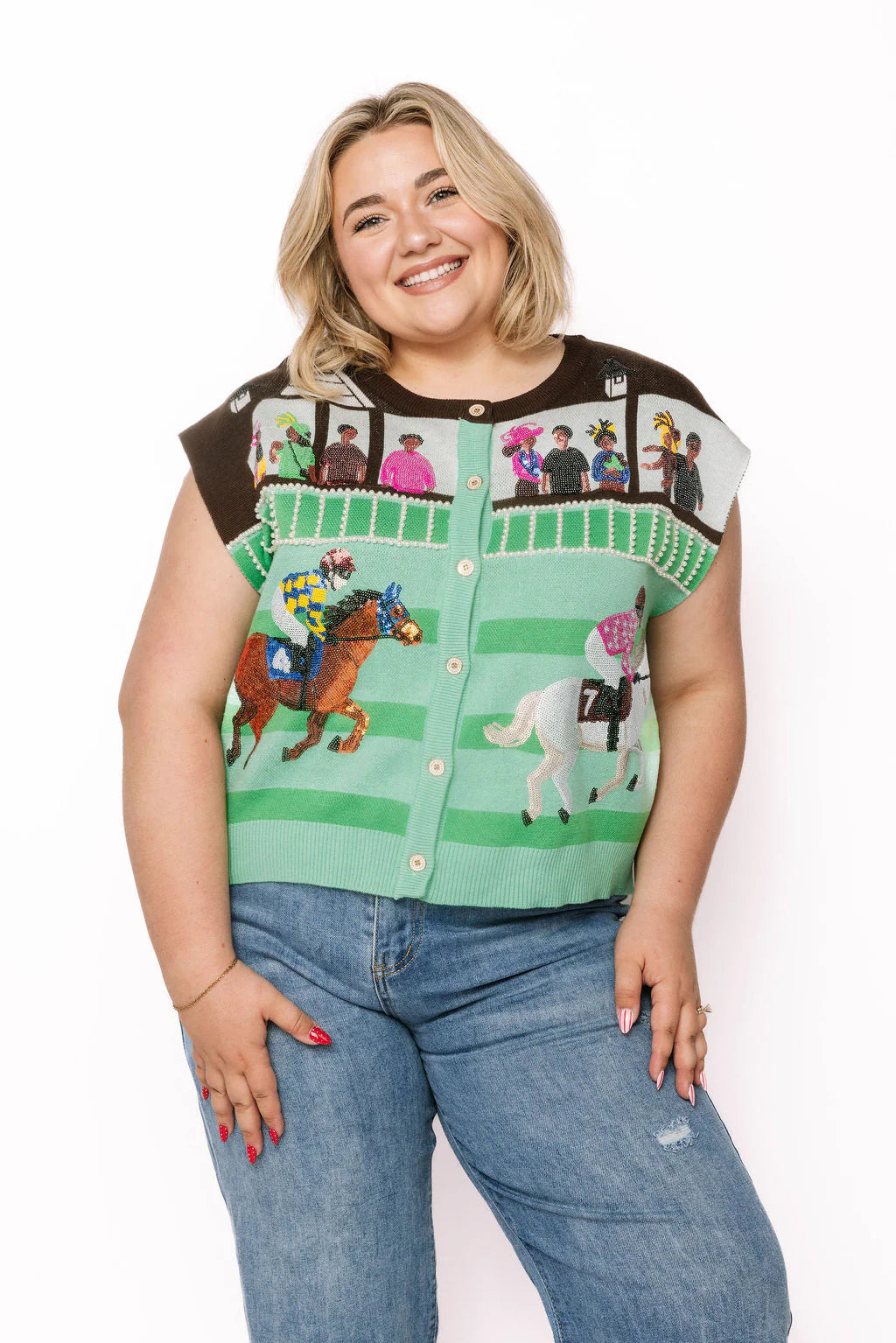 Queen of Sparkles Multi Derby Race Scene Knit Button Up Vest