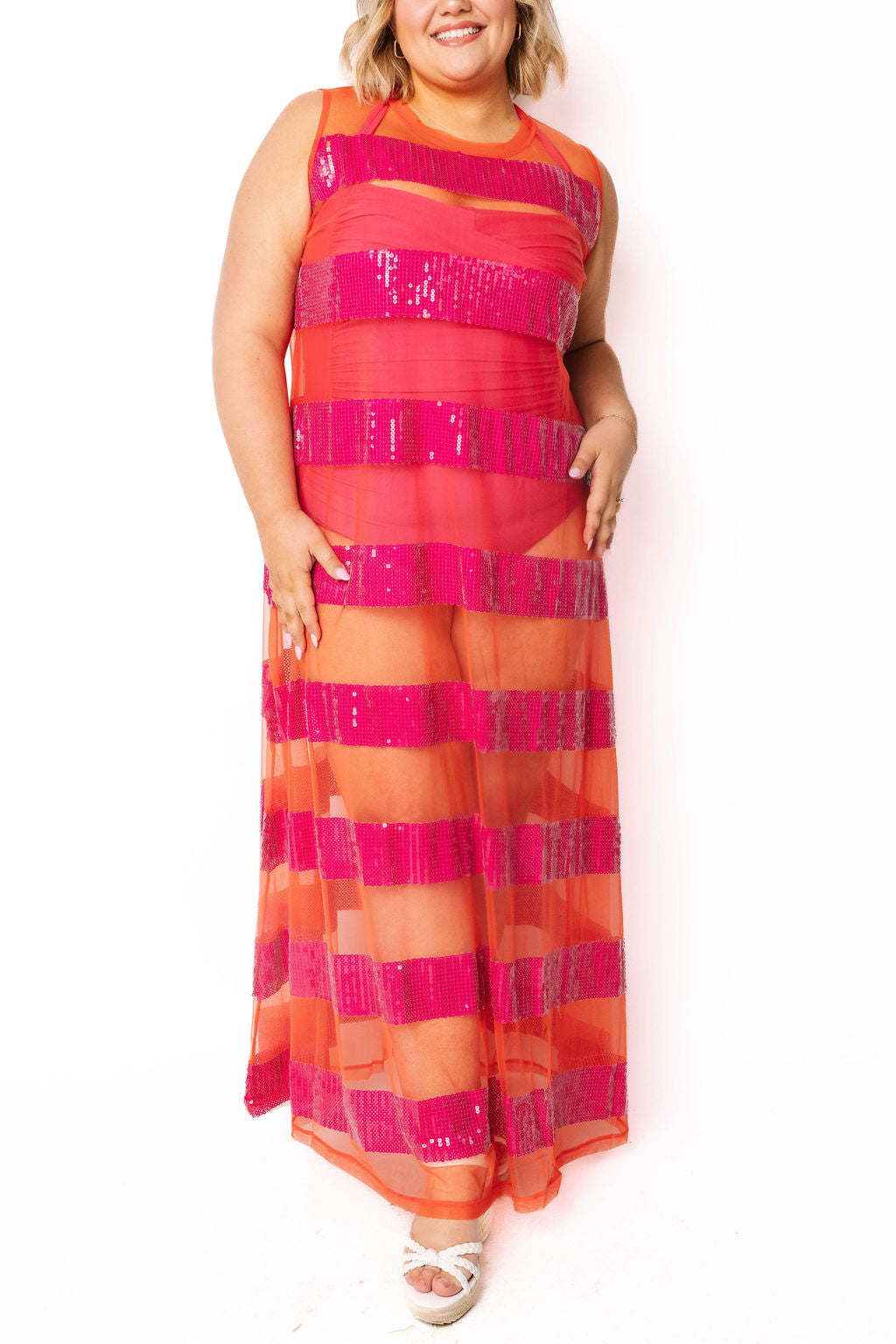 Queen of Sparkles Sheer Orange & Pink Sequin Stripe Coverup Midi