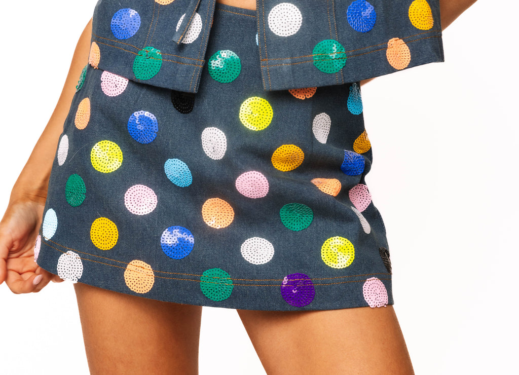 Queen of Sparkles Denim Multi Polka Dot Skirt/skort