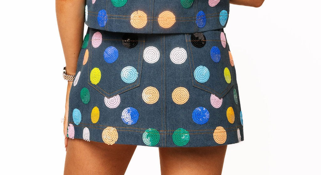 Queen of Sparkles Denim Multi Polka Dot Skirt/skort