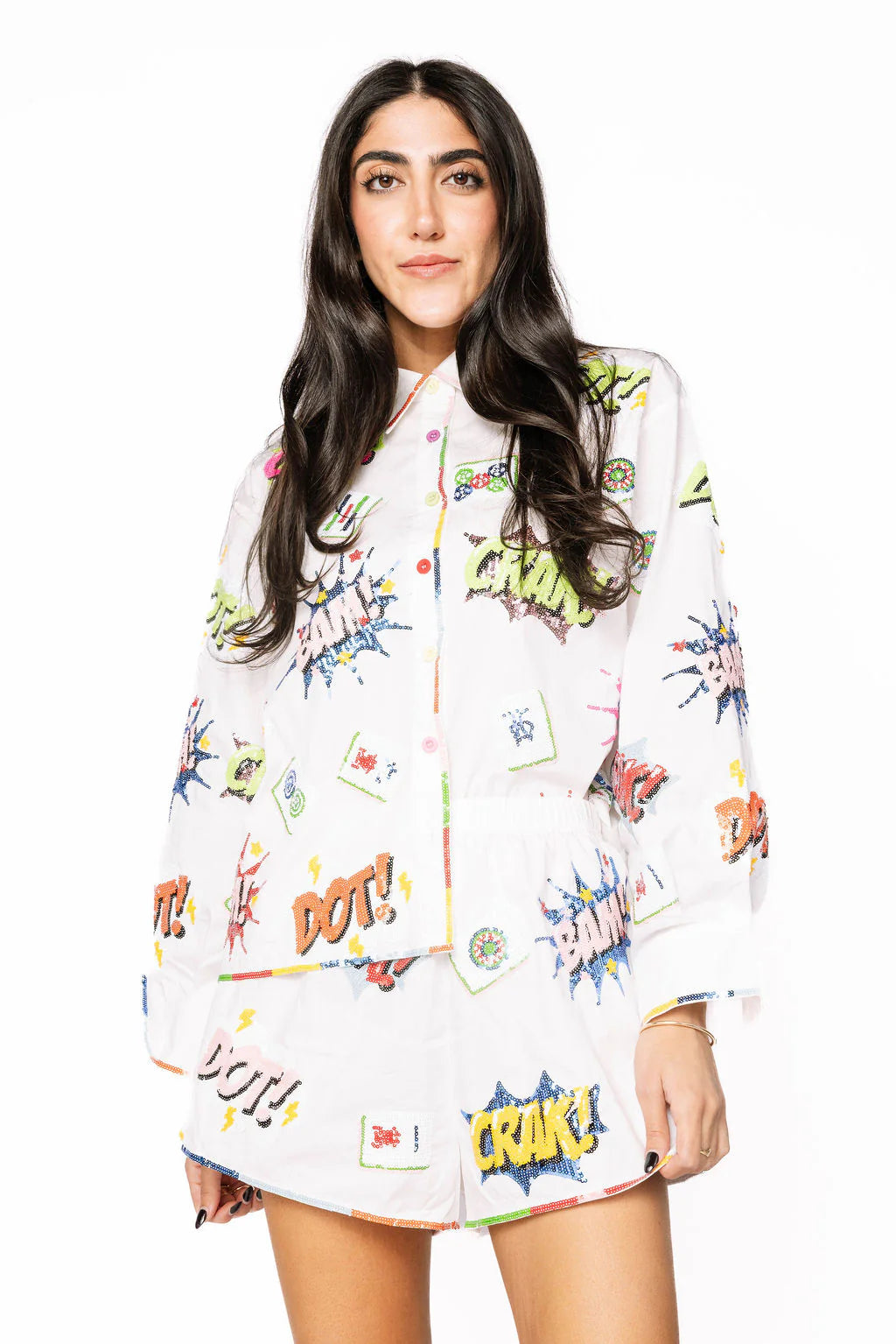 Queen of Sparkles White Mahjong Icon Rainbow Trim Collared Top