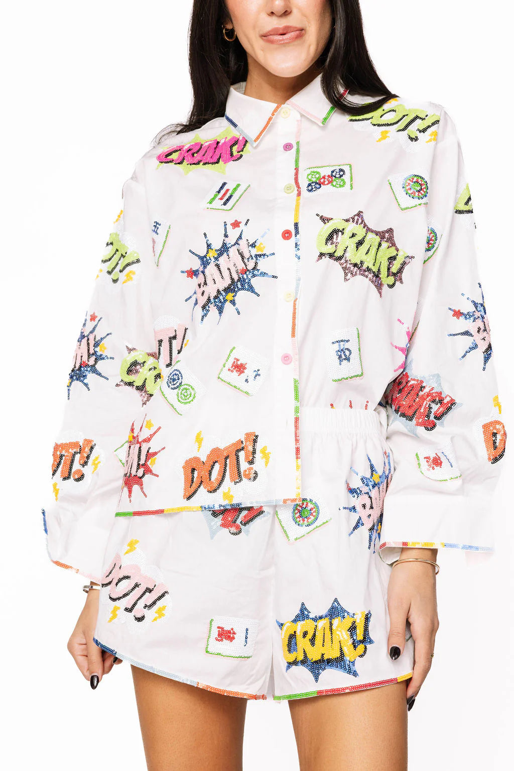 Queen of Sparkles White Mahjong Icon Rainbow Trim Collared Top