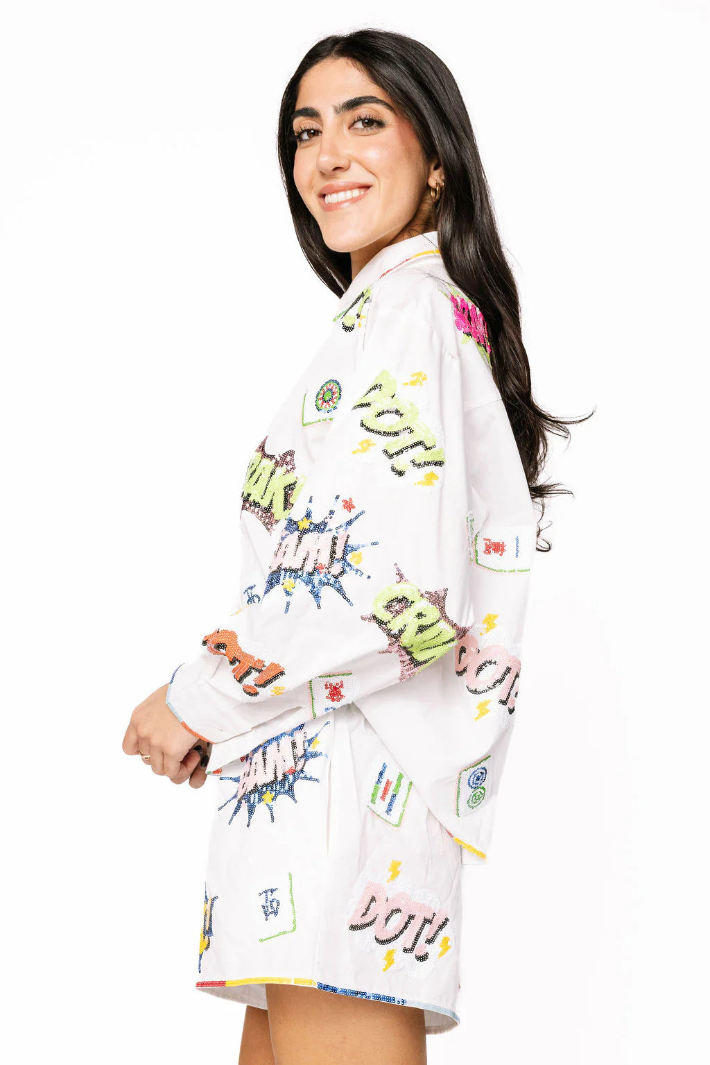 Queen of Sparkles White Mahjong Icon Rainbow Trim Collared Top