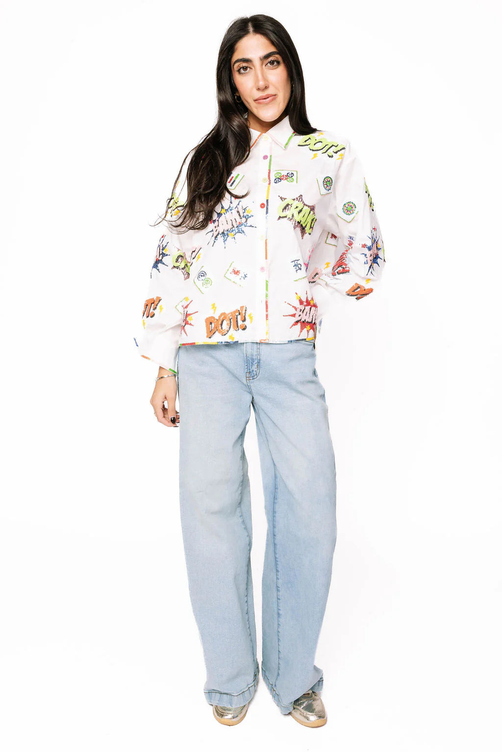 Queen of Sparkles White Mahjong Icon Rainbow Trim Collared Top