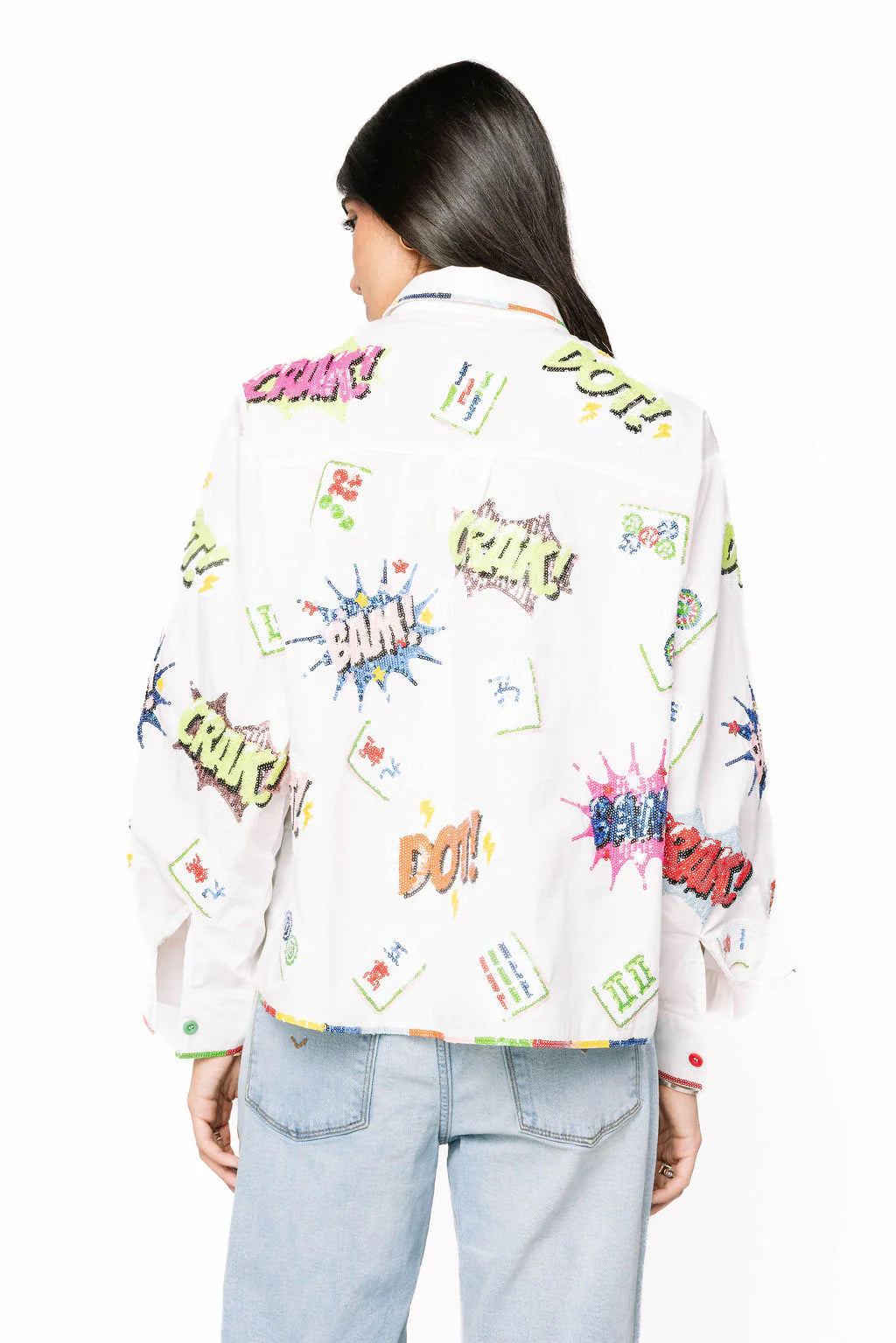 Queen of Sparkles White Mahjong Icon Rainbow Trim Collared Top