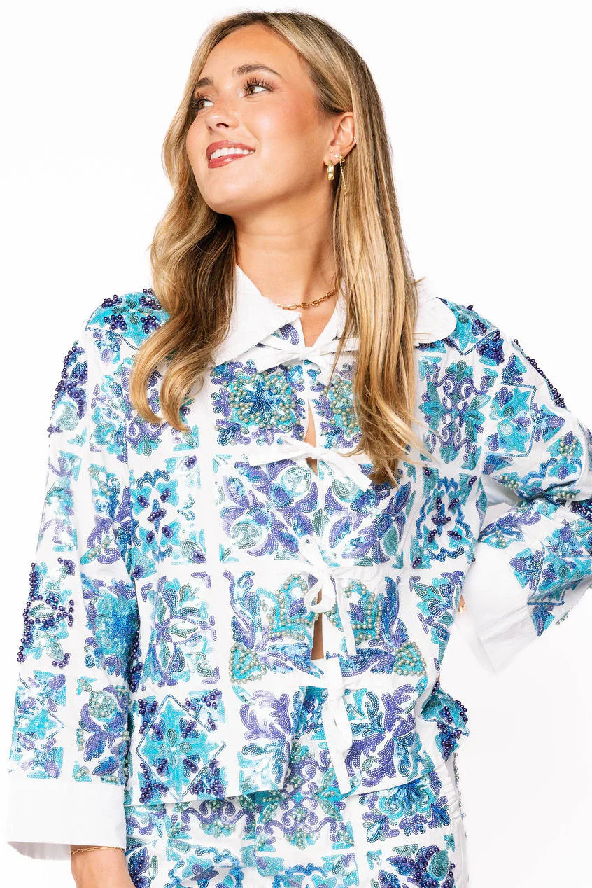 Queen of Sparkles - White & Blue Italian Tiles Tie Collar Long Sleeve Cotton Top
