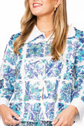 Queen of Sparkles - White & Blue Italian Tiles Tie Collar Long Sleeve Cotton Top
