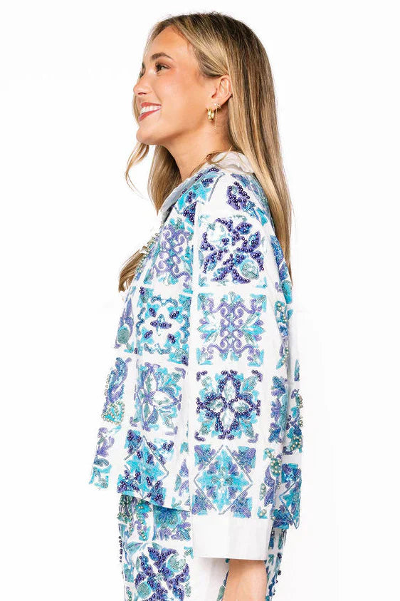 Queen of Sparkles - White & Blue Italian Tiles Tie Collar Long Sleeve Cotton Top