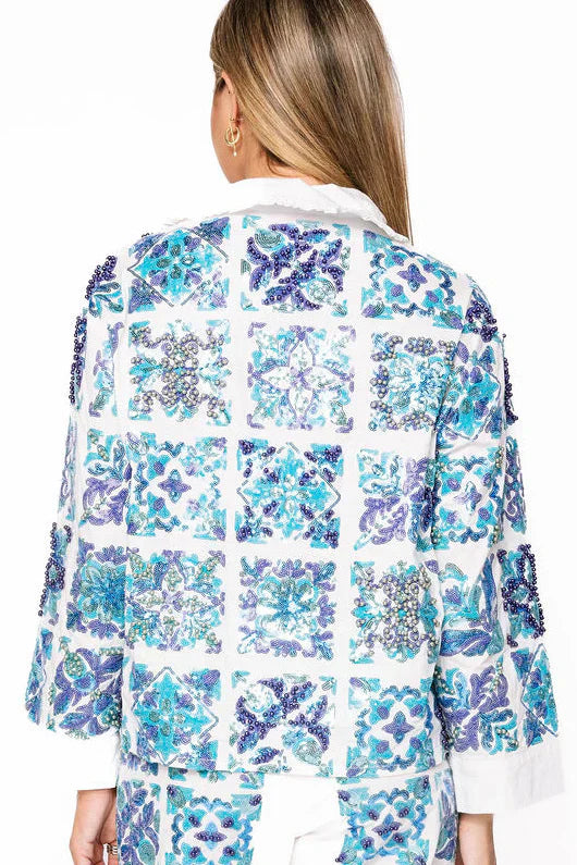 Queen of Sparkles - White & Blue Italian Tiles Tie Collar Long Sleeve Cotton Top