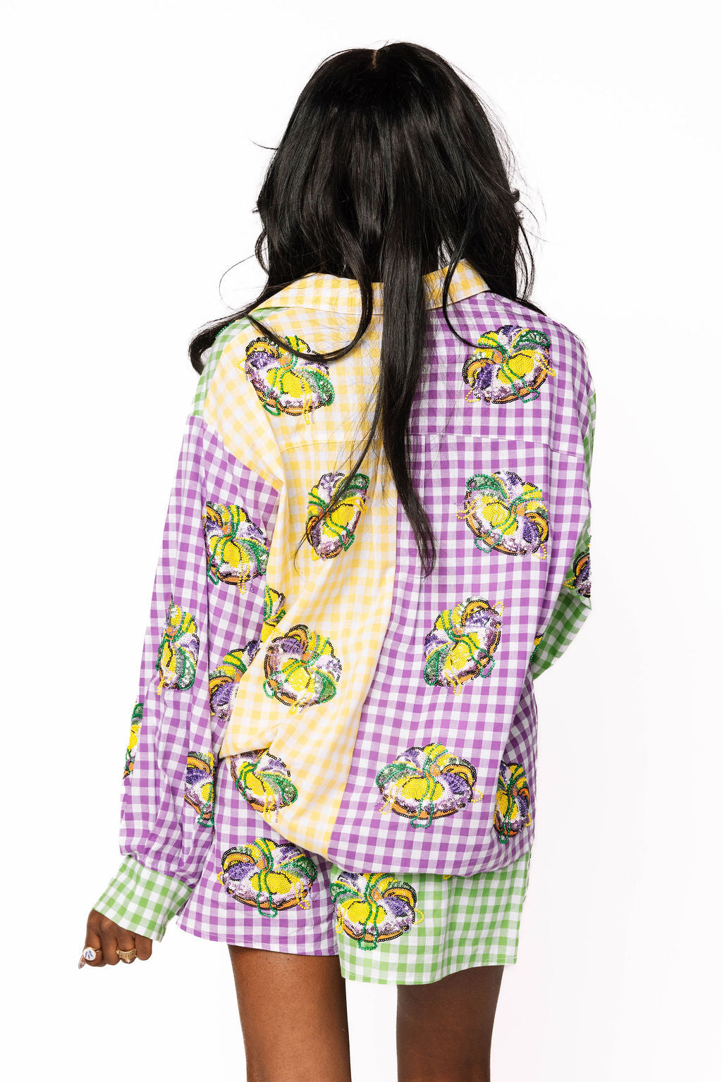 Queen of Sparkles-Mutli Checkered King Cake Button Up Top