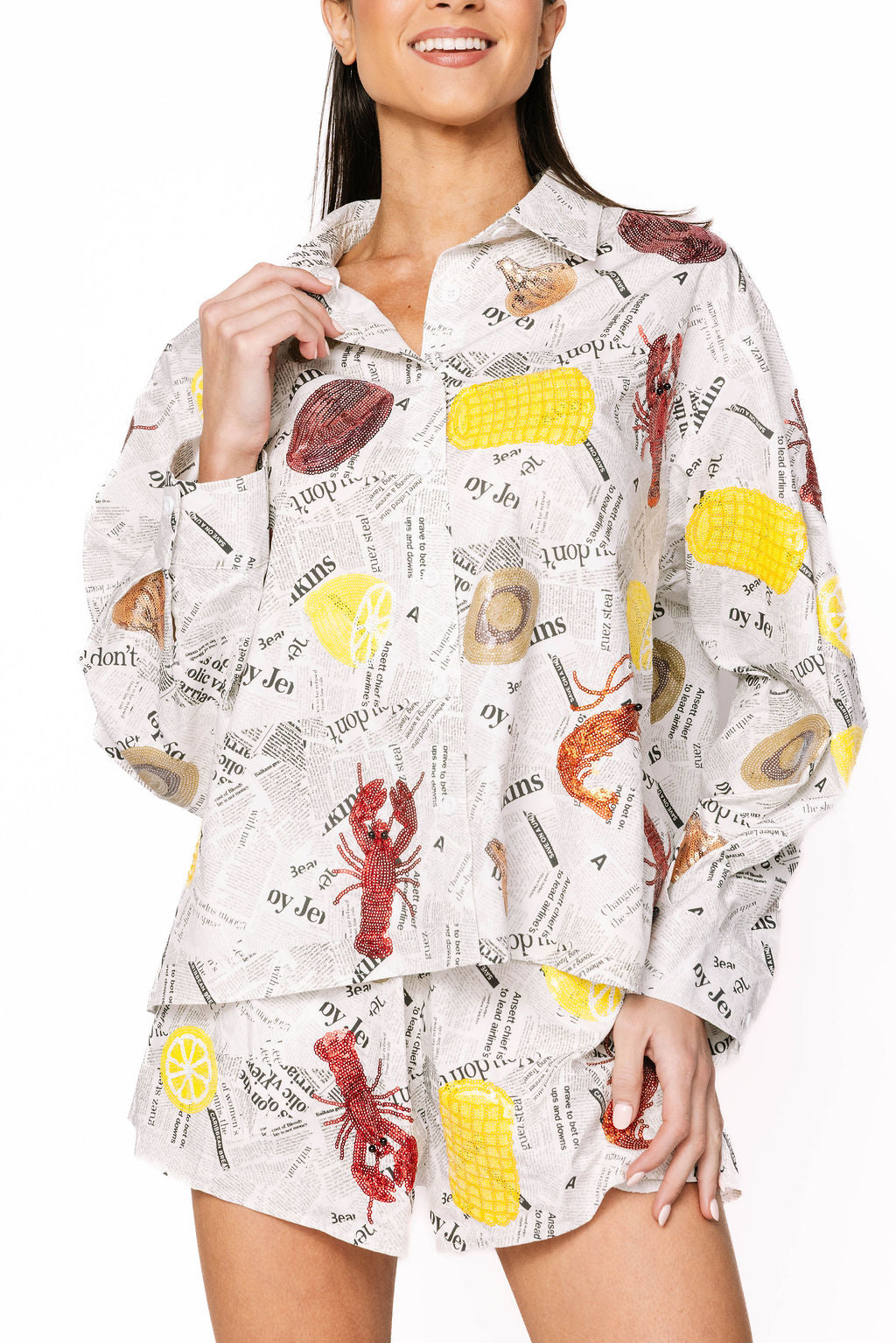 Queen of Sparkles - Crawfish Newspaper Button Up Top