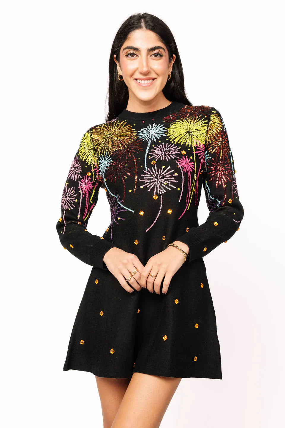 Queen of Sparkles-Black Multi Rainbow Firework Jeweled Sweater Dress