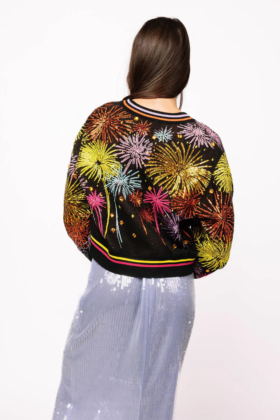 Queen of Sparkles-Black Multi Rainbow Firework Button Up Cardigan