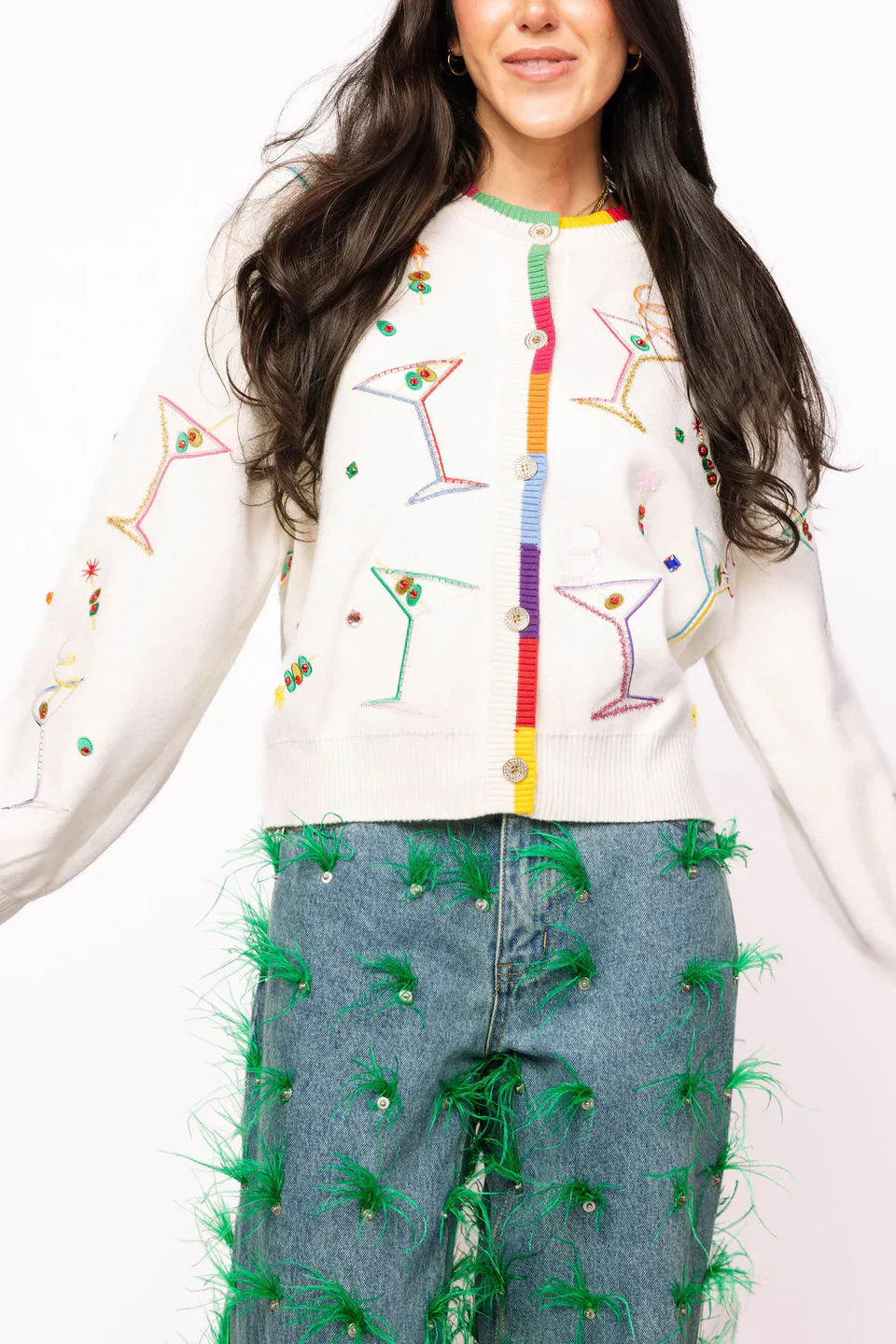 Queen of Sparkles-White Multi Cosmo & Martini Button Up Cardigan With Rainbow Trim