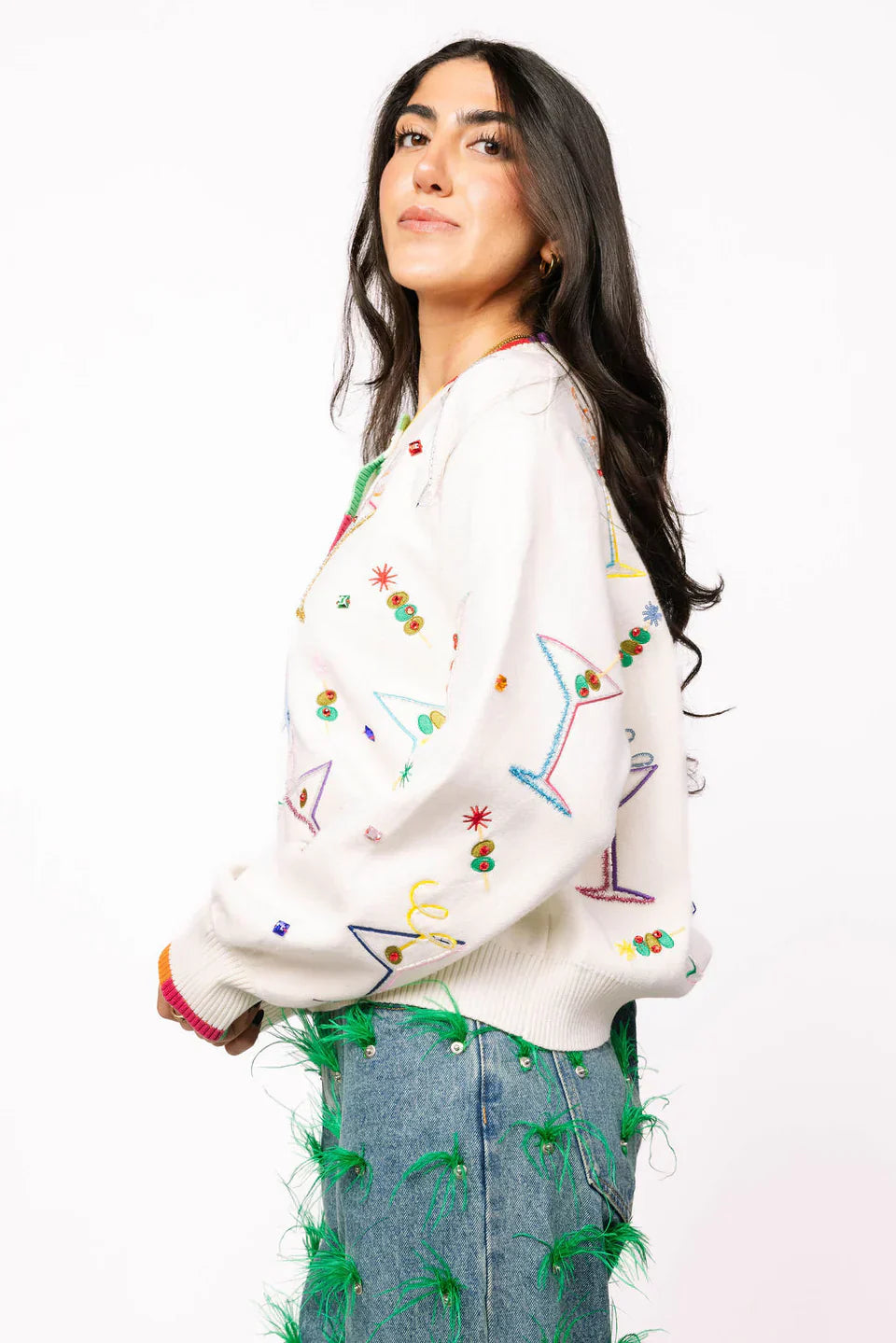 Queen of Sparkles-White Multi Cosmo & Martini Button Up Cardigan With Rainbow Trim