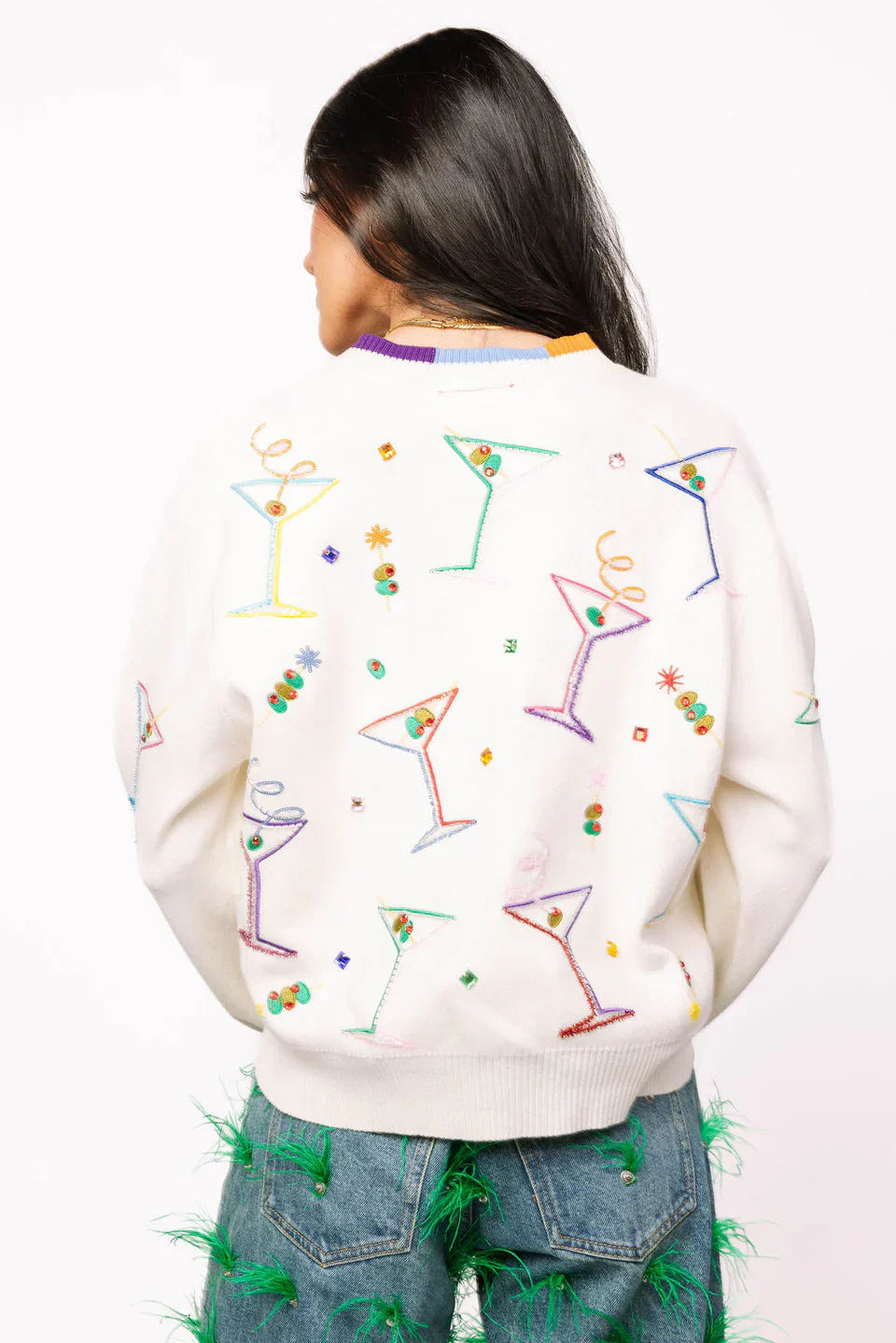 Queen of Sparkles-White Multi Cosmo & Martini Button Up Cardigan With Rainbow Trim