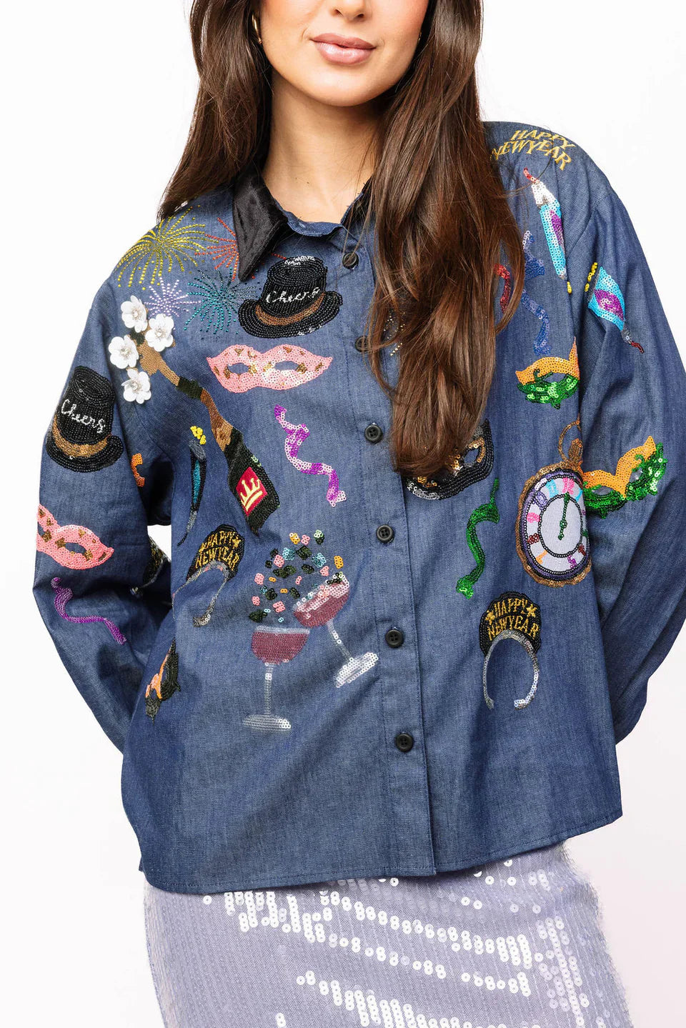 Queen of Sparkles-Denim NYE Icon Button Up Top With Black Velvet Collar