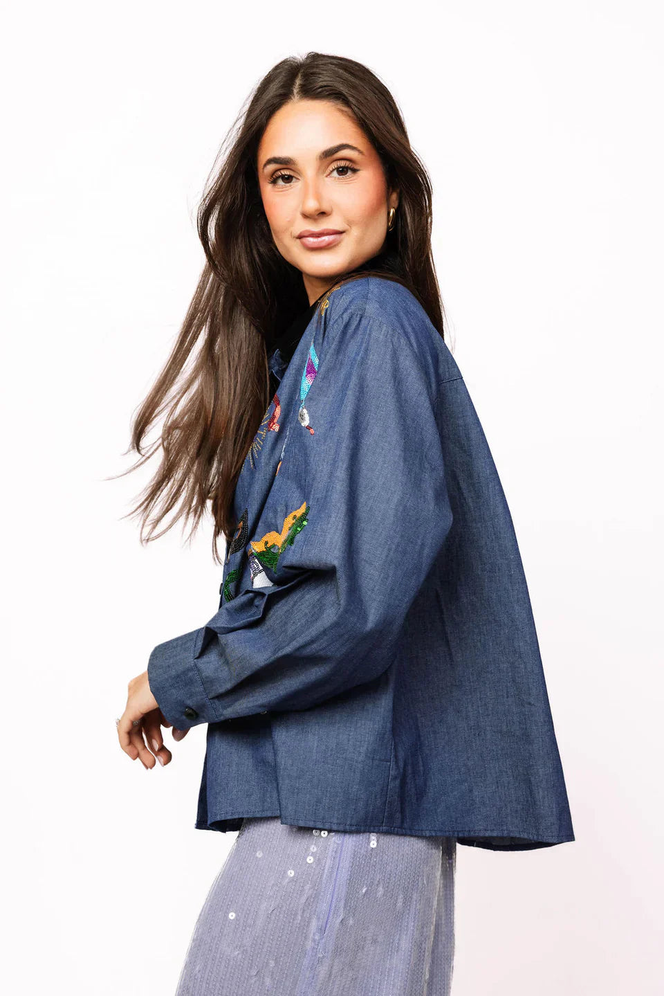 Queen of Sparkles-Denim NYE Icon Button Up Top With Black Velvet Collar