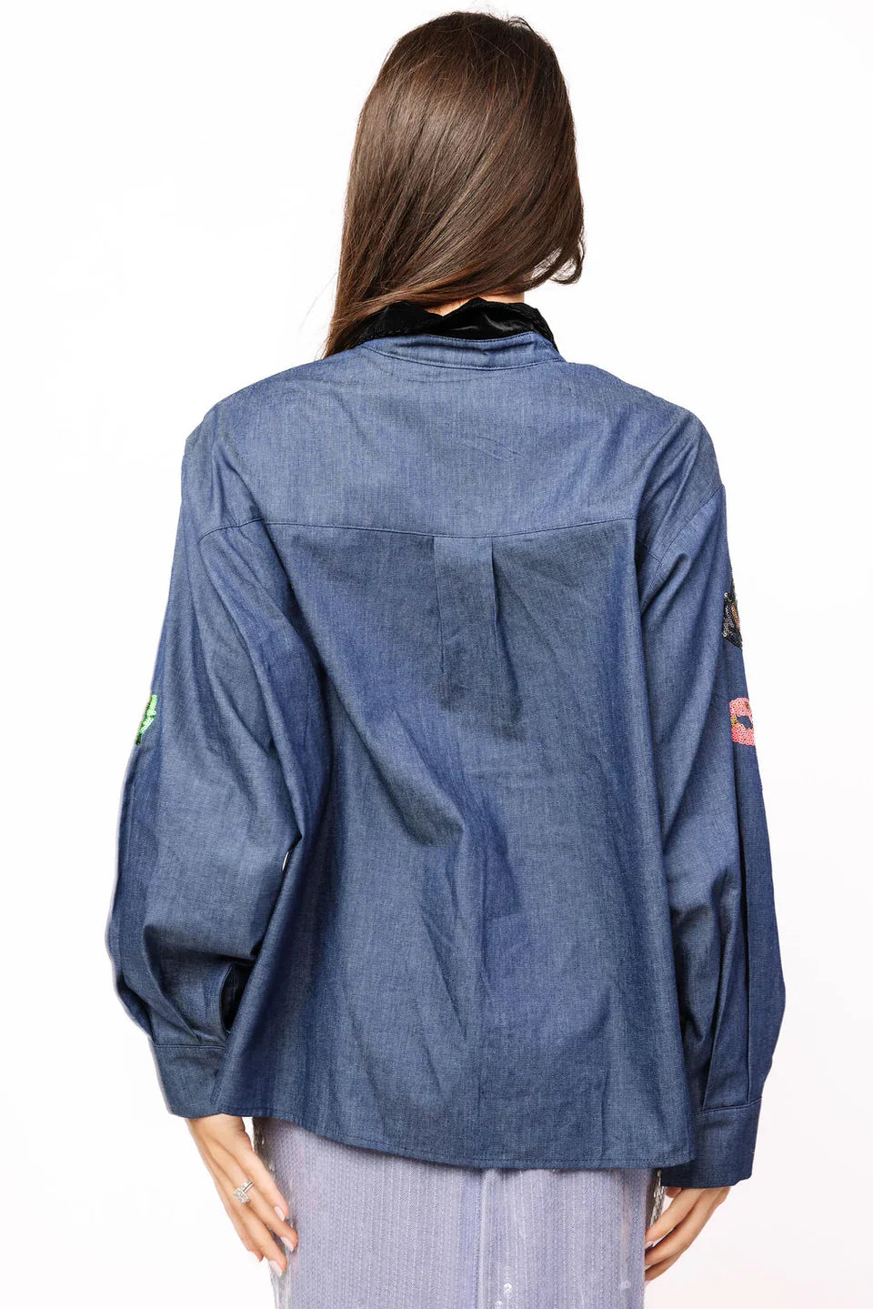 Queen of Sparkles-Denim NYE Icon Button Up Top With Black Velvet Collar