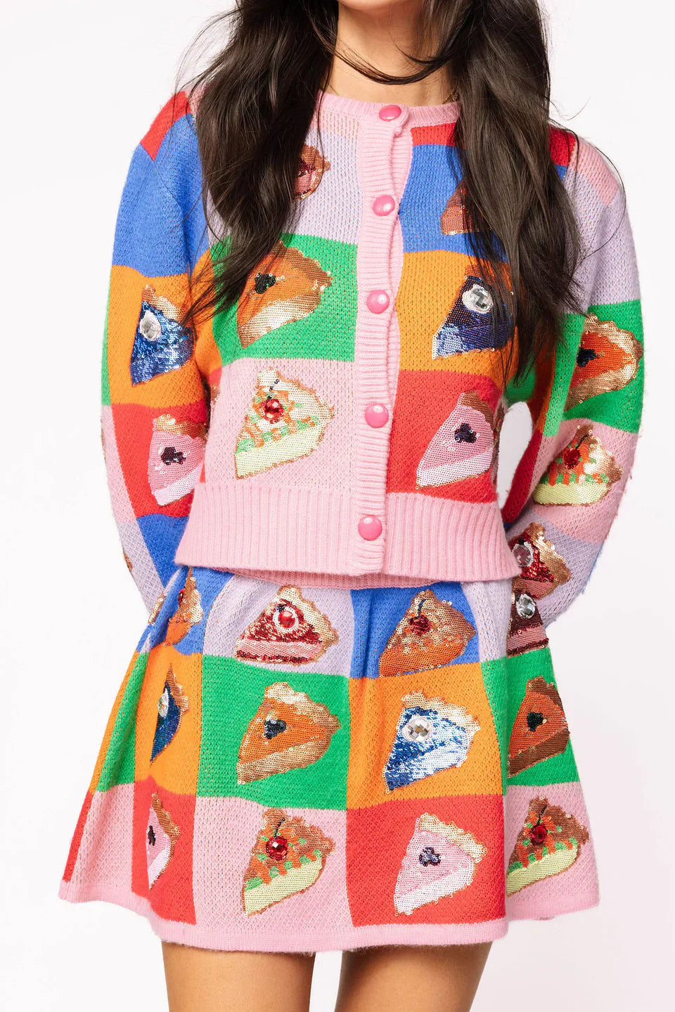 Queen of Sparkles-Rainbow Colorblock Piece of Pie Button Up Sweater