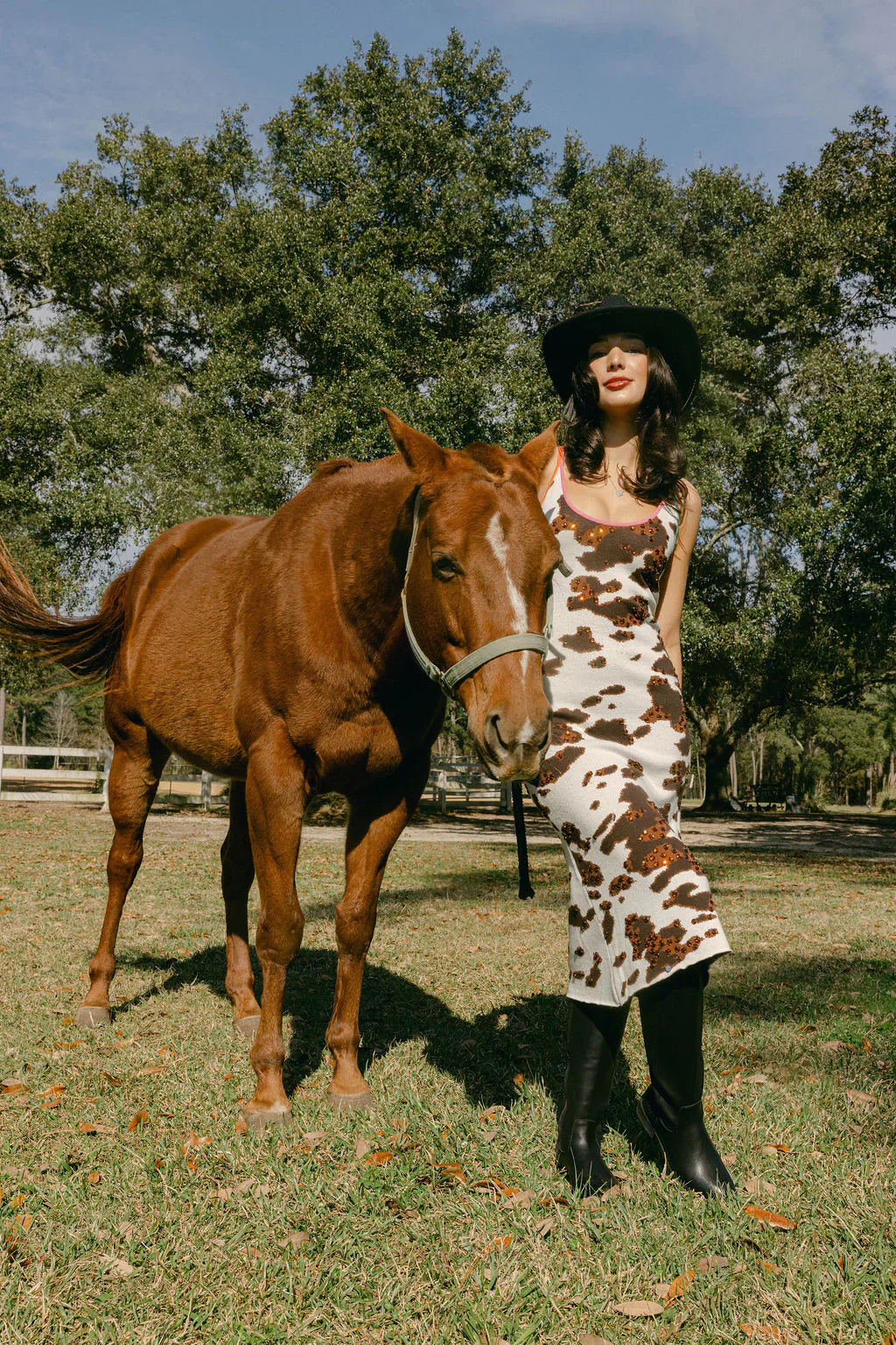 Queen of Sparkles-White & Brown Sequin Cow Print Dress