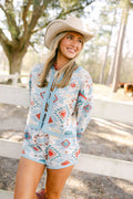 Queen of Sparkles - Blue Multi Sequin Aztec Print Knit Tie Up Sweater
