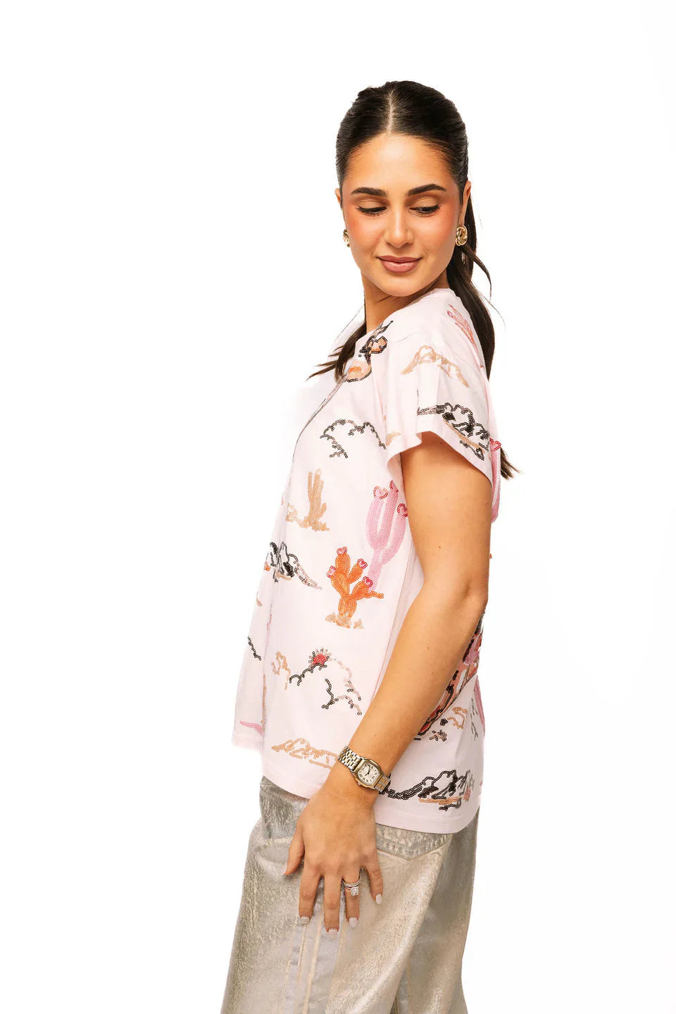 Queen of Sparkles Light Pink Bucking Cowgirl Tee