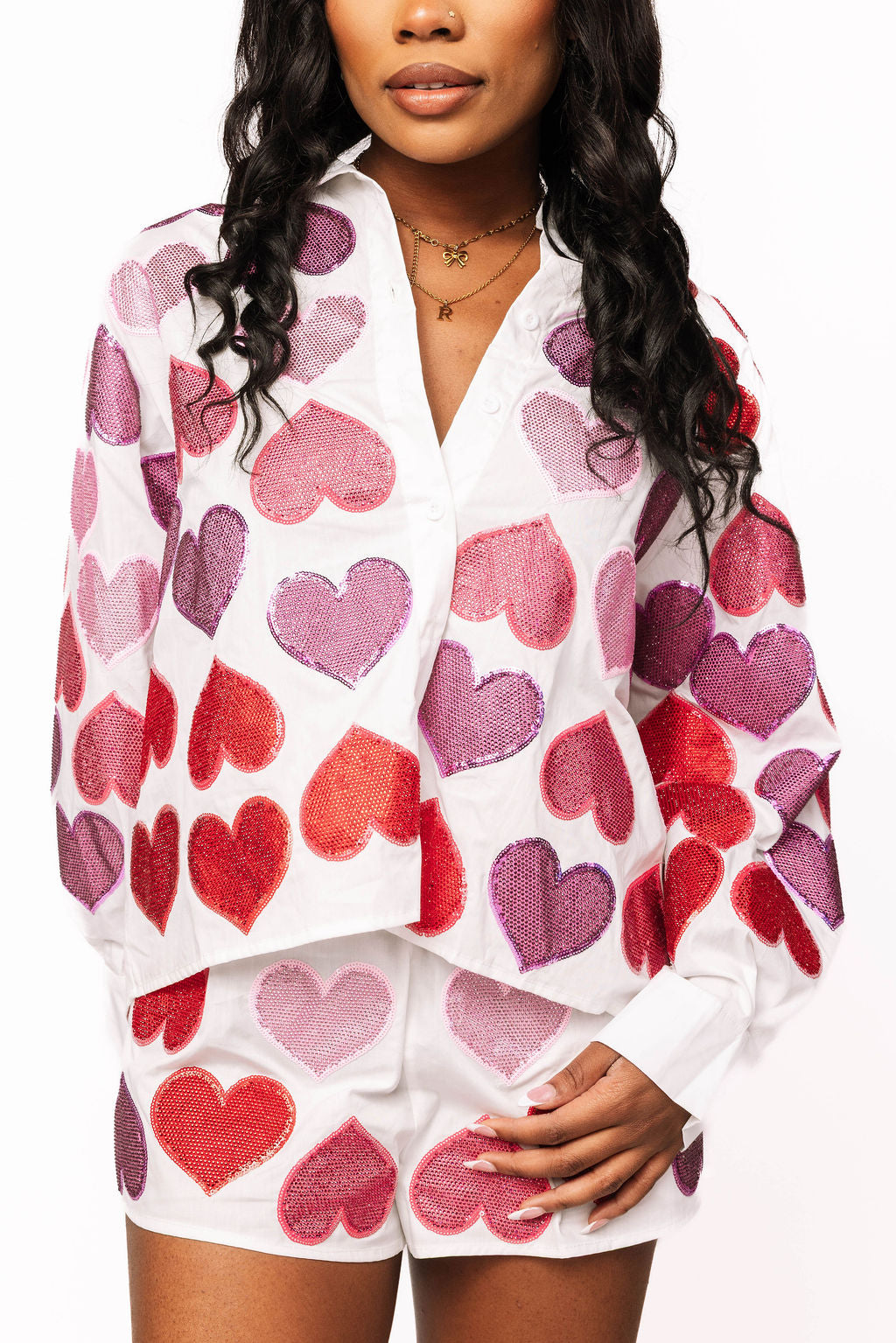 Queen of Sparkles - White with Multi Rhinestone Hearts Button Up