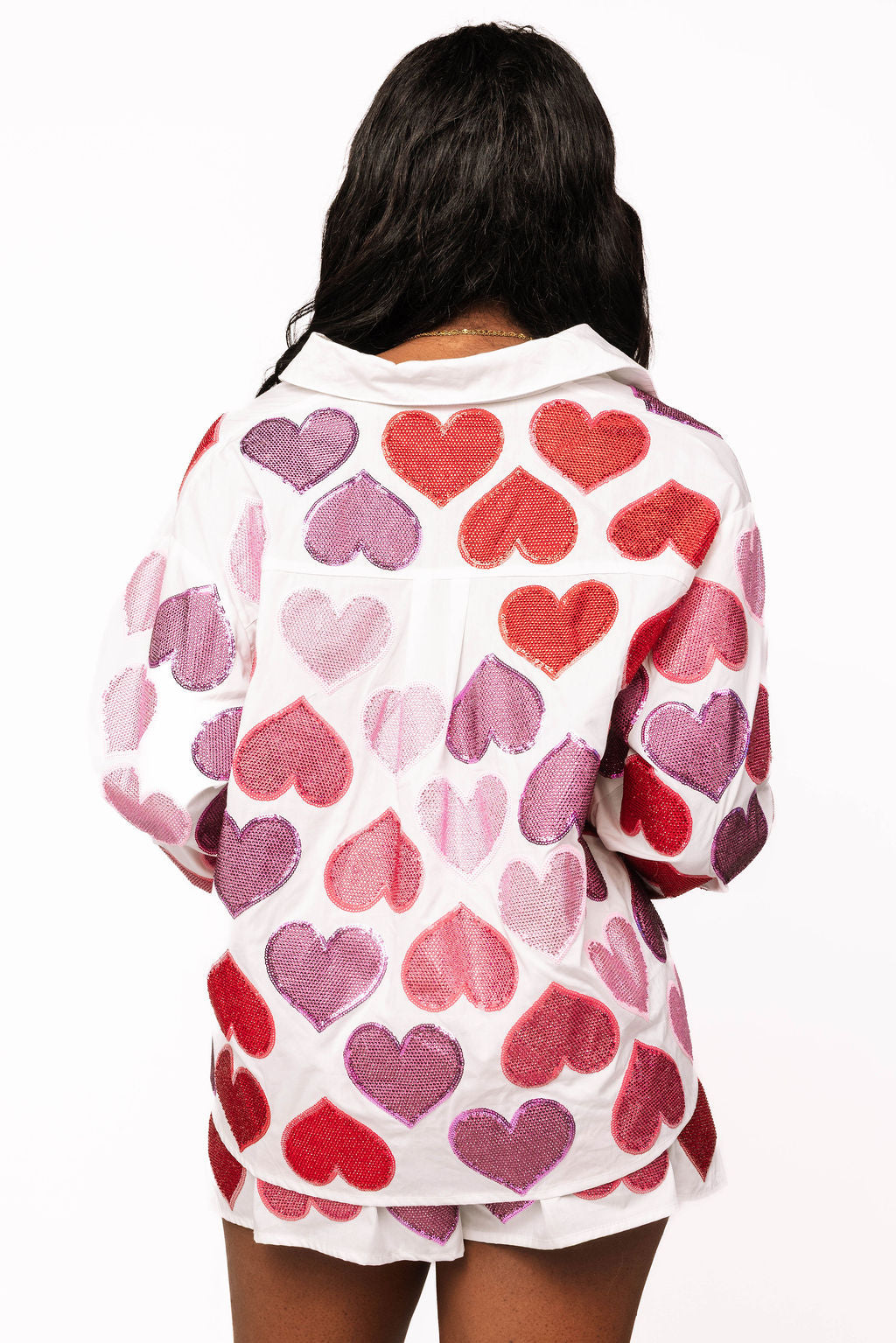 Queen of Sparkles - White with Multi Rhinestone Hearts Button Up