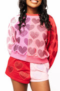 Queen of Sparkles-Red Pink Color Block Rhinestone Hearts Sweatshirt