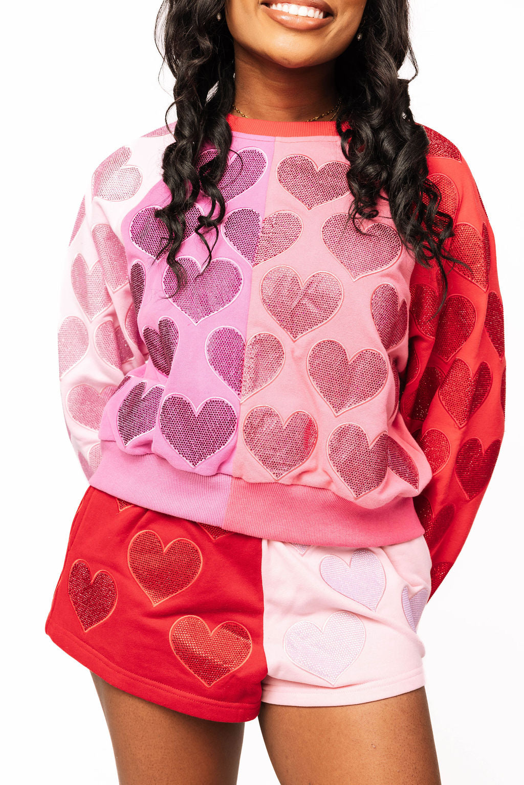Queen of Sparkles-Red Pink Color Block Rhinestone Hearts Sweatshirt
