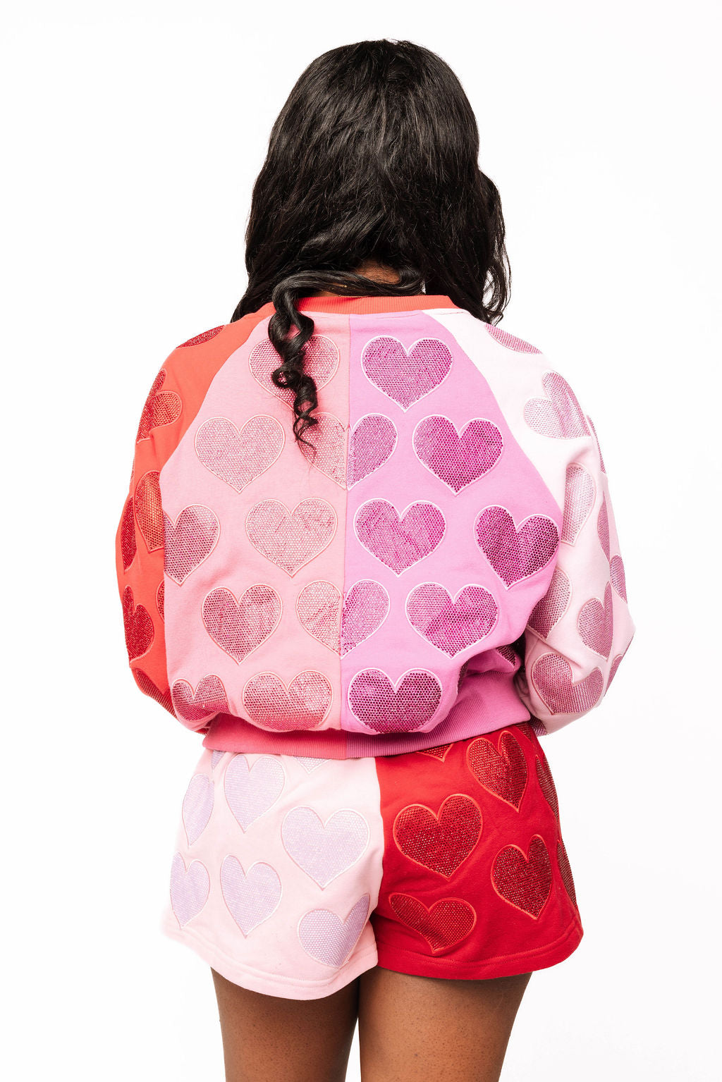 Queen of Sparkles-Red Pink Color Block Rhinestone Hearts Sweatshirt