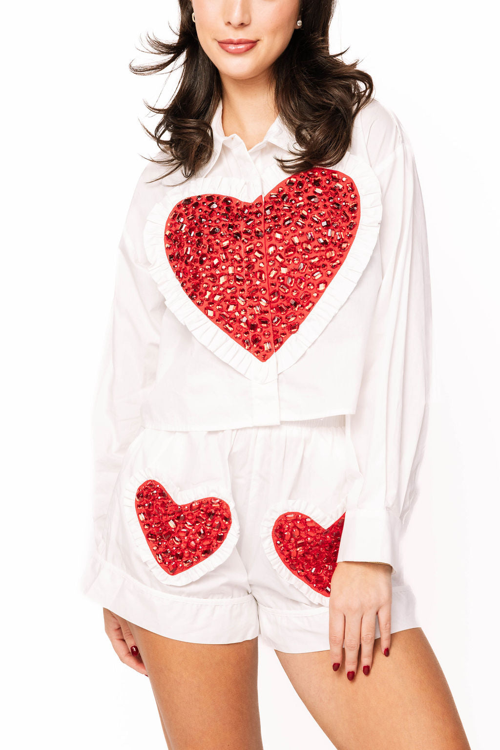 Queen of Sparkles-White Button up with Big Red Rhinestone Heart