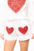 Queen of Sparkles-White Shorts with Red Rhinestone Hearts